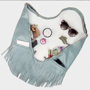 Sashbag Sash Bag Angel Falls faux leather full fringe crossbody bag light blue